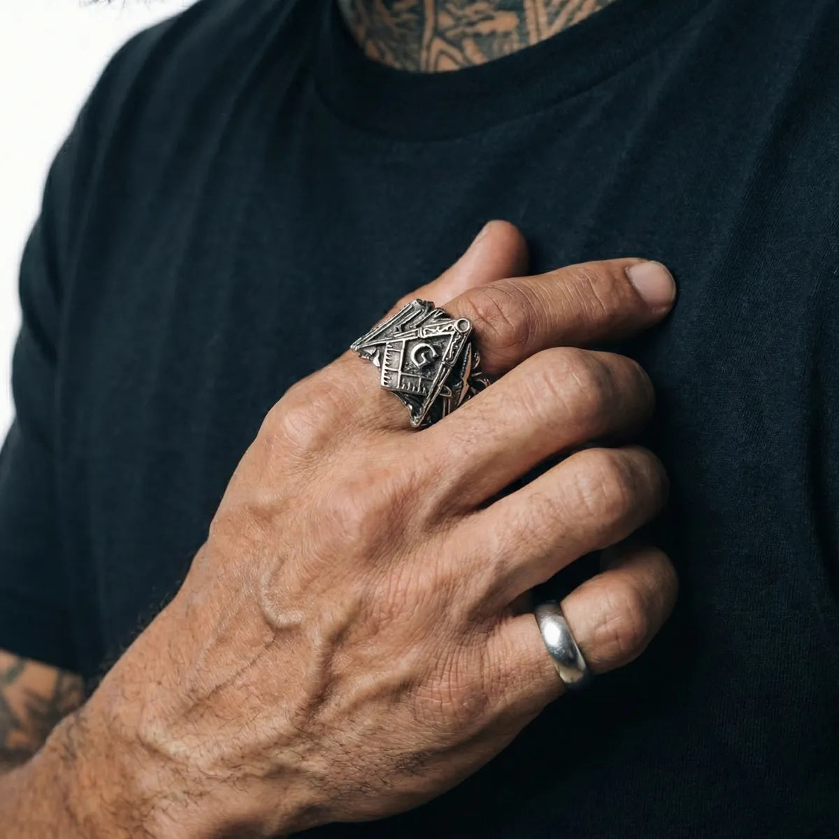Masonic Biker Ring Worn by Male Model Close Up