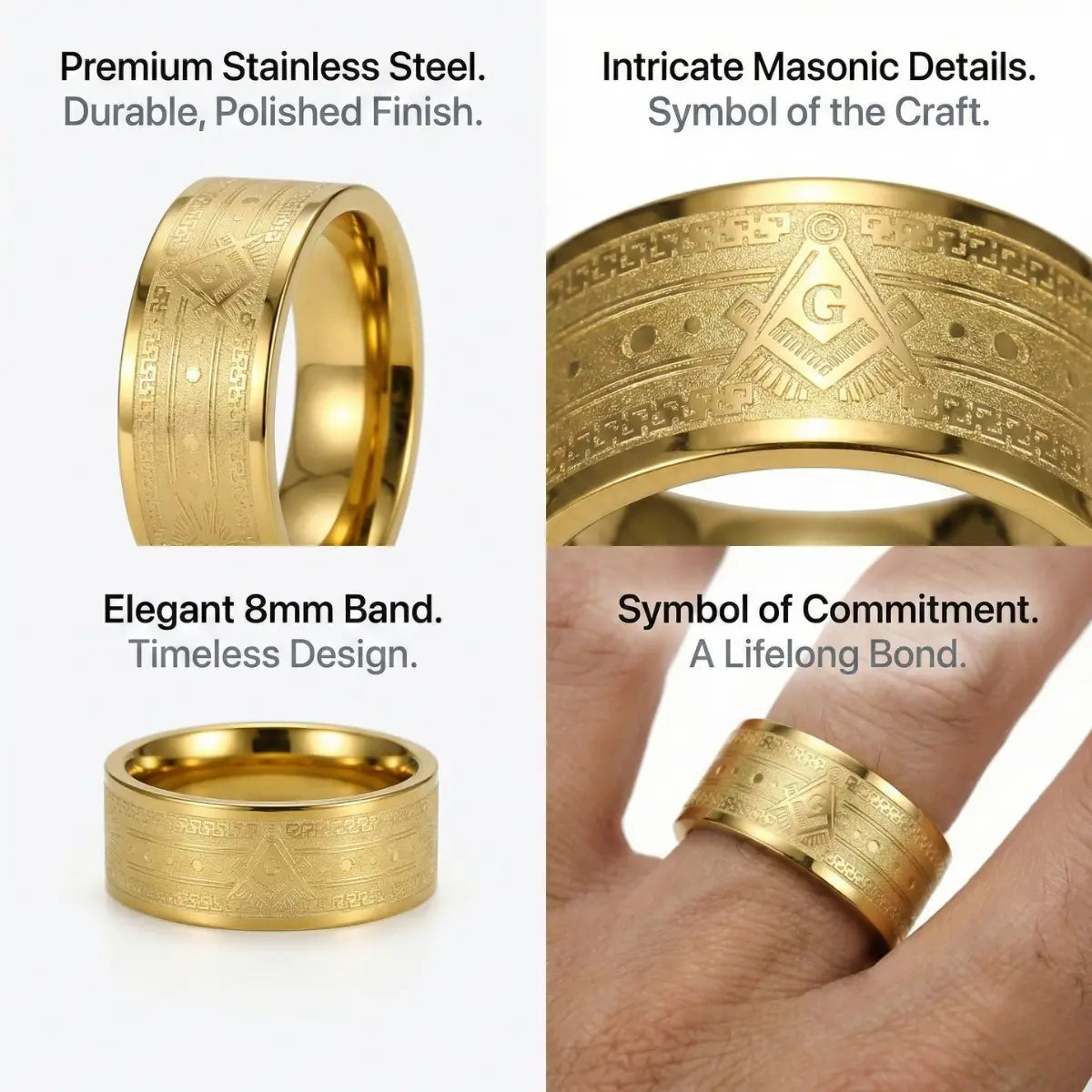 Masonic Wedding Band 8mm Gold Features