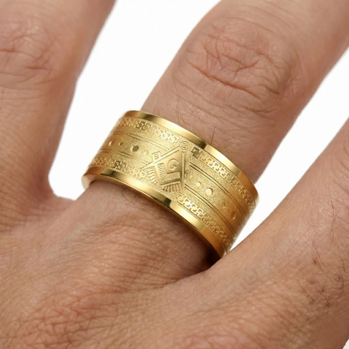 Masonic Wedding Band 8mm Gold Worn by Male Model Close Up
