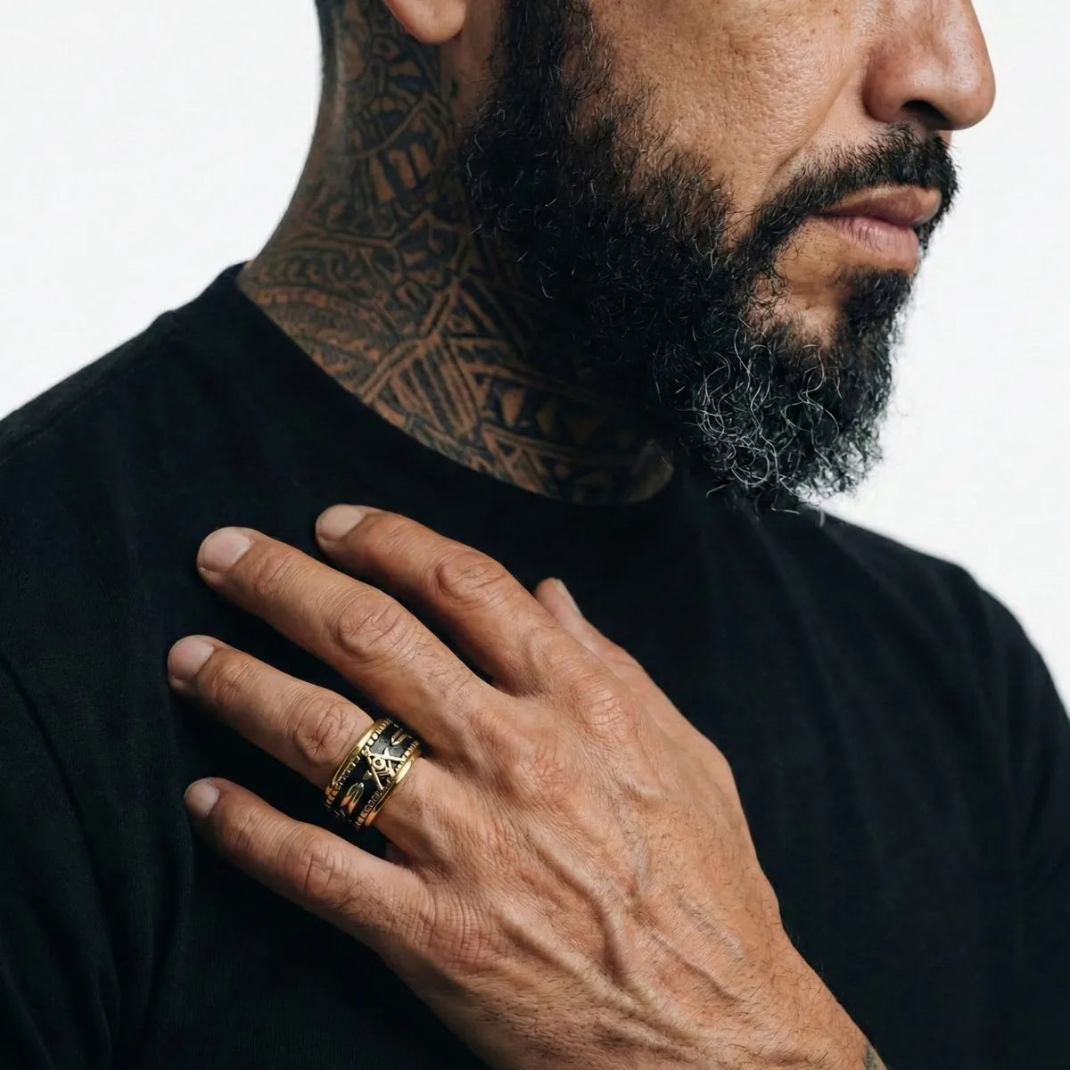 Masonic Working Tools Spinner Ring Gold Worn by Male Model