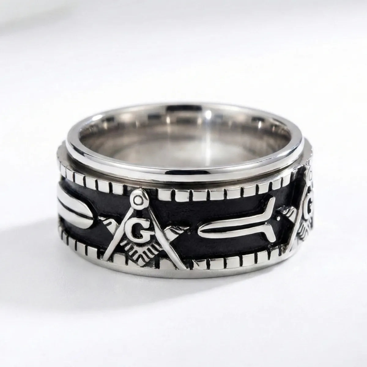 Masonic Working Tools Spinner Ring Silver Details