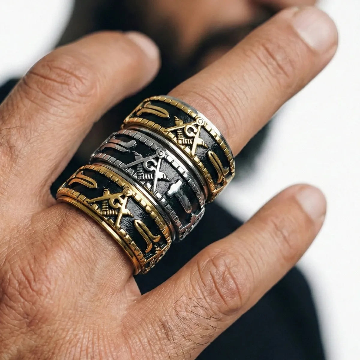 Masonic Working Tools Spinner Rings Worn by Male Model Close Up