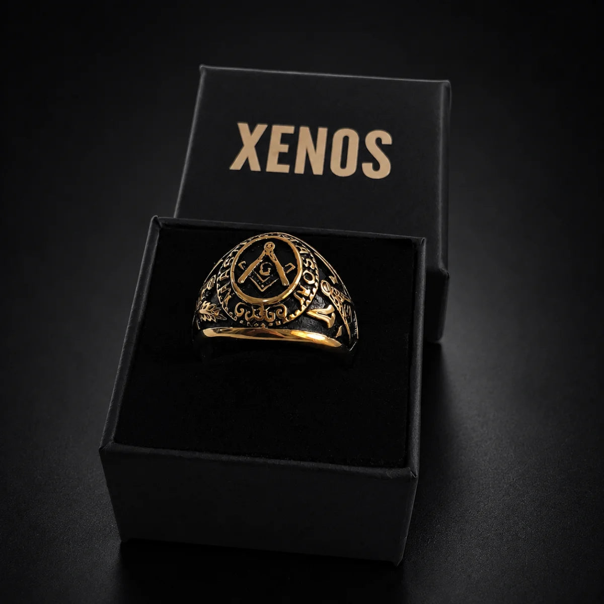 Master Mason Degree Ring Gold Displayed in Xenos Jewelry Box