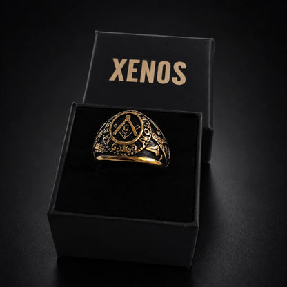 Master Mason Degree Ring Gold Displayed in Xenos Jewelry Box