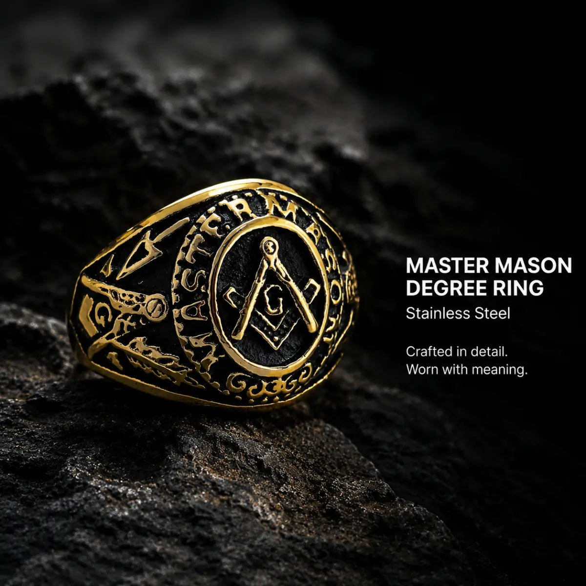 Master Mason Degree Ring Gold Displayed on Stone Surface