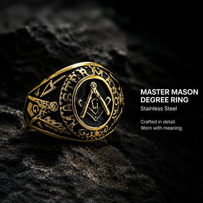 Master Mason Degree Ring Gold Displayed on Stone Surface