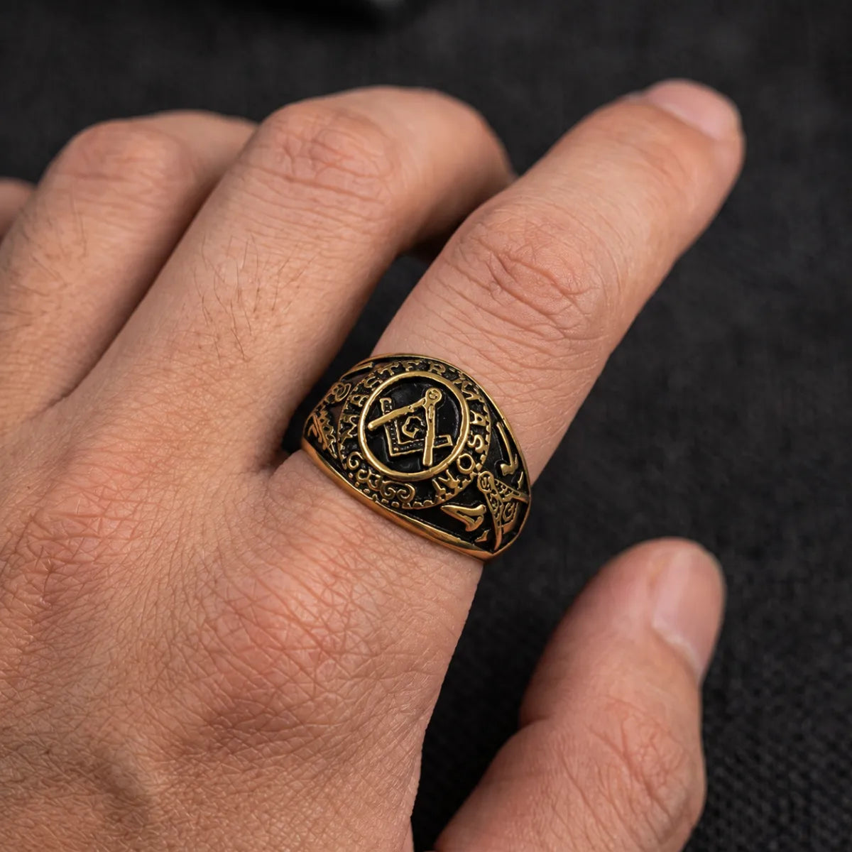 Master Mason Degree Ring Gold Worn on Hand Close Up