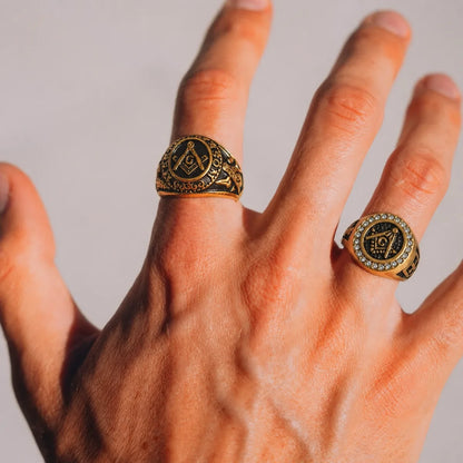 Master Mason Degree Ring and Diamond Freemason Ring Gold Worn on Hand Close Up