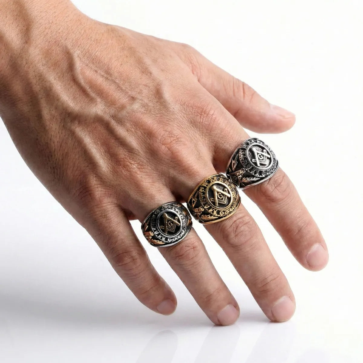 Master Mason Degree Rings Worn by Male Model