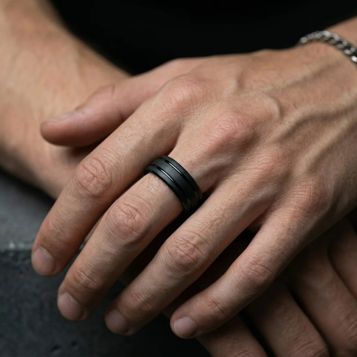 Matte Black Tungsten Band 8mm Worn by Male Model Close Up