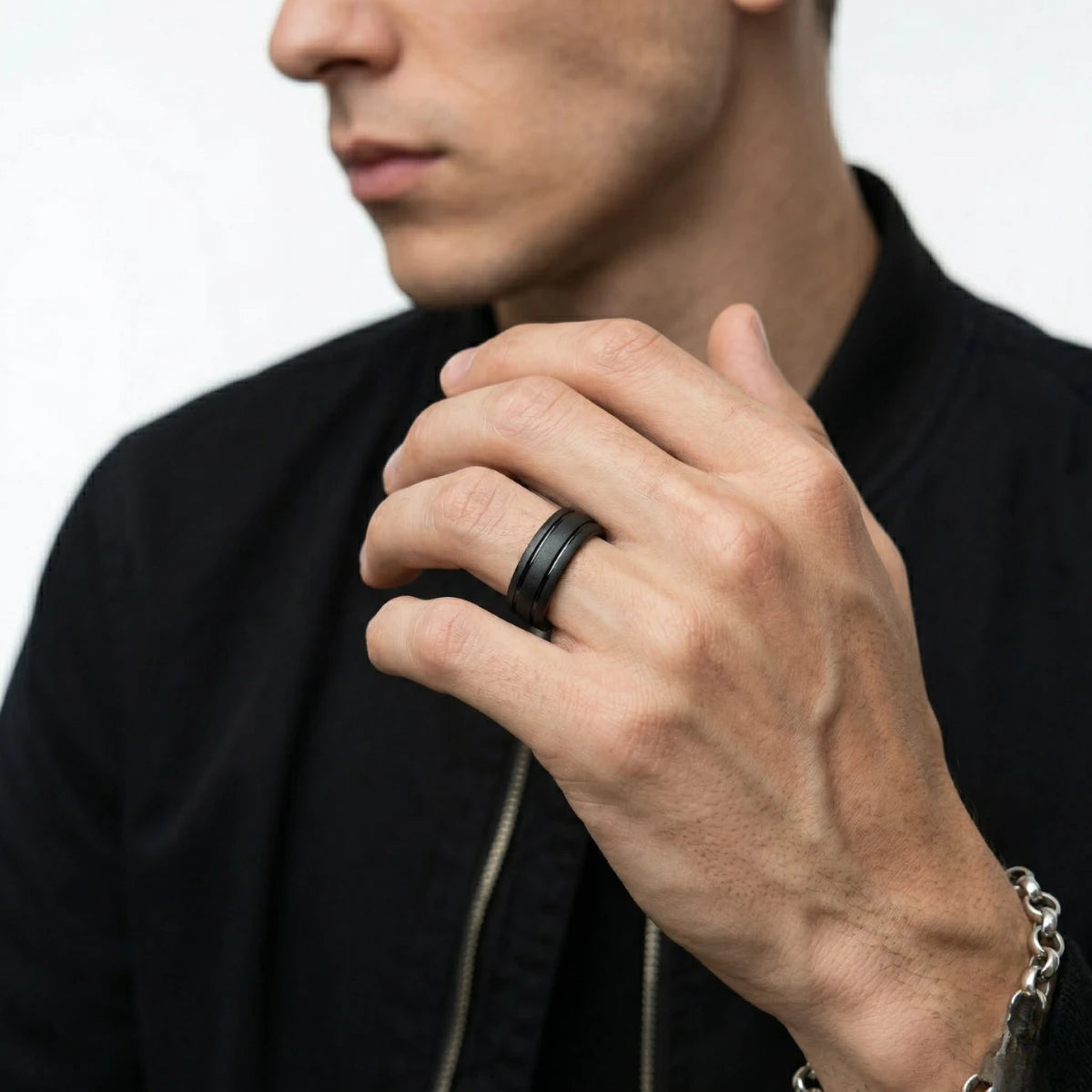 Matte Black Tungsten Band 8mm Worn by Male Model