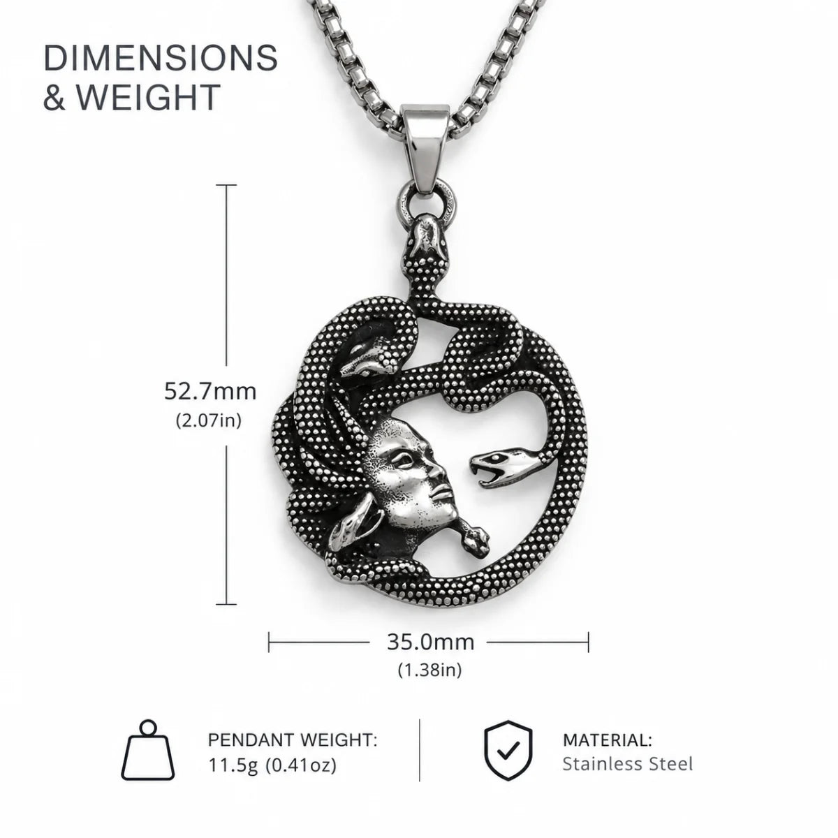 Medusa Snake Necklace Dimension Diagram 42mm 1.65inch and Weight 25g 0.88oz