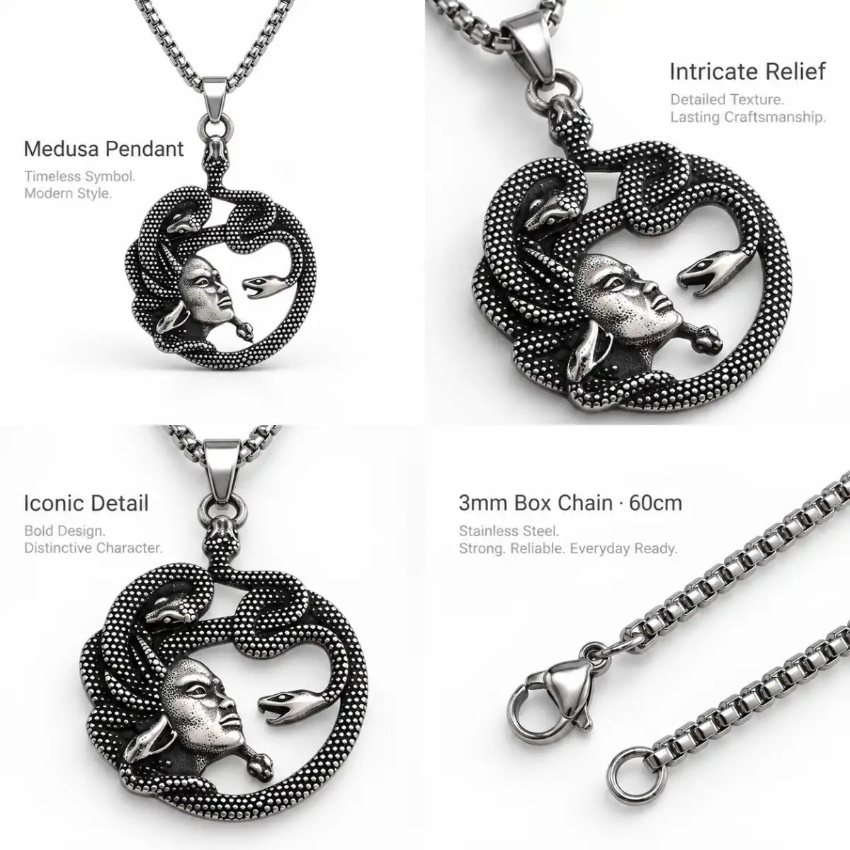 Medusa Snake Necklace Multi Angle Product Feature Showcase