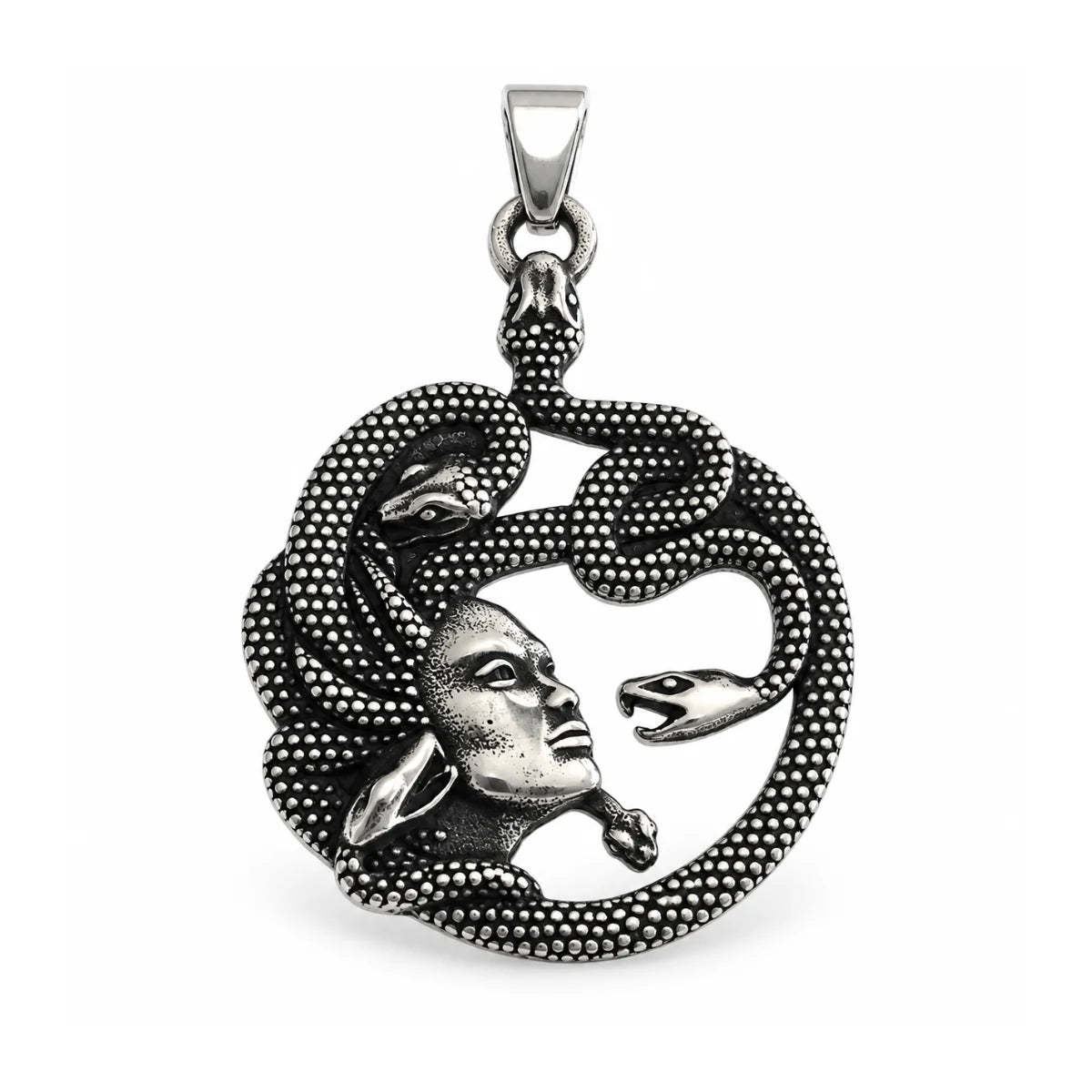 Medusa Snake Necklace Pendant Detail View White Background