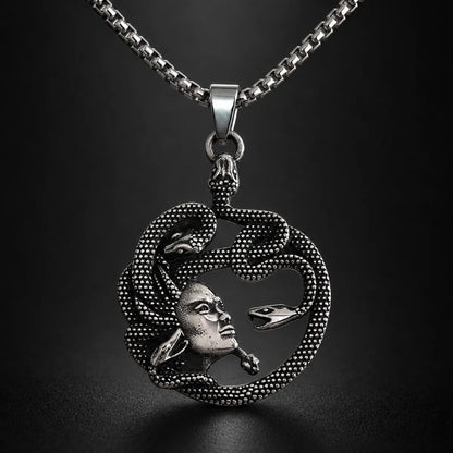 Medusa Snake Necklace Pendant Displayed Black Background