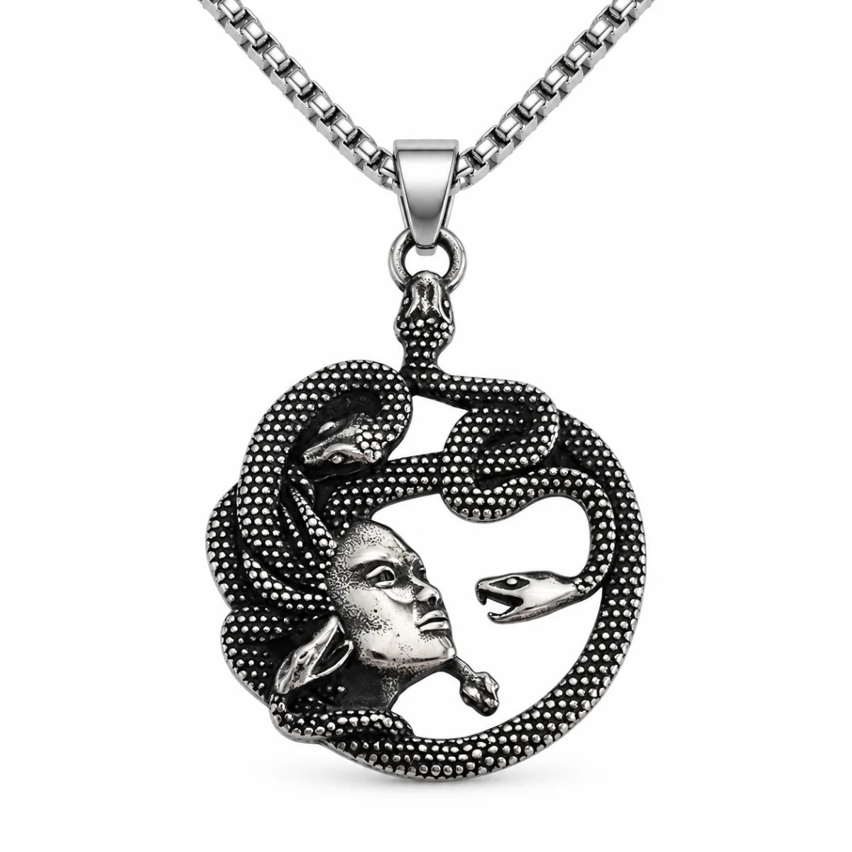 Medusa Snake Necklace Pendant with Chain Front View White Background