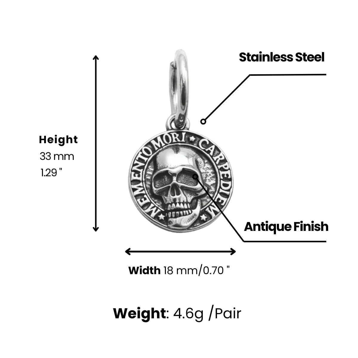 Memento Mori Skull Drop Hoop Earrings Dimensions and Weight