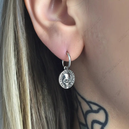 Memento Mori Skull Drop Hoop Earrings Worn by Female Model