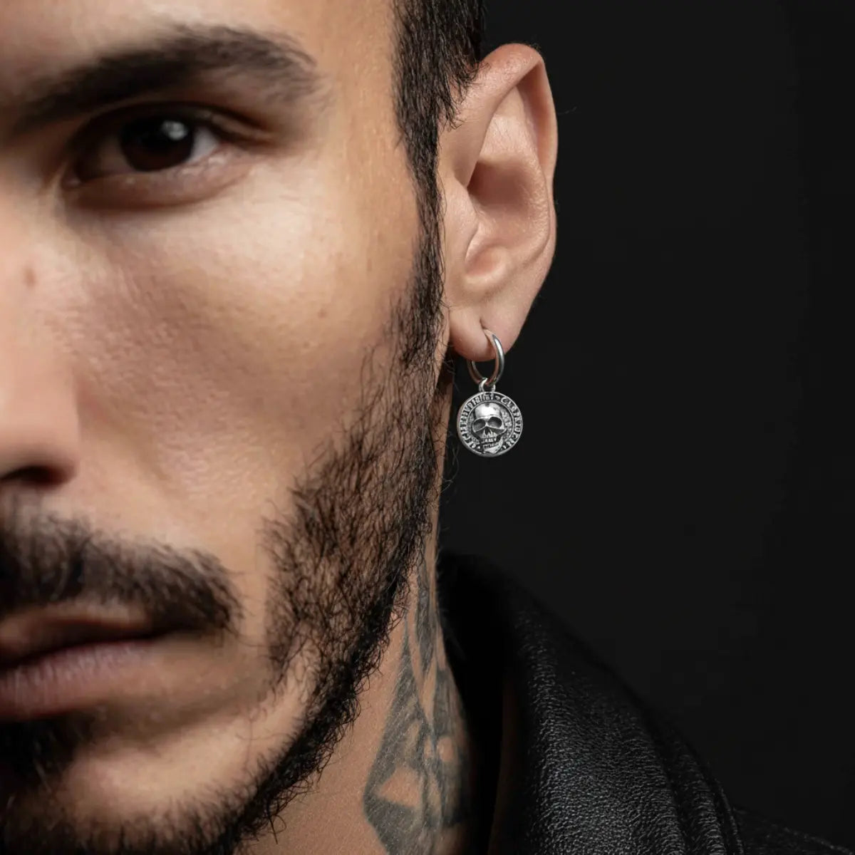 Memento Mori Skull Drop Hoop Earrings Worn by Male Model Front