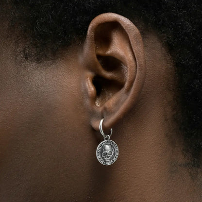 Memento Mori Skull Drop Hoop Earrings Worn by Male Model