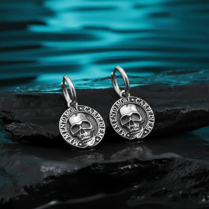 Memento Mori Skull Drop Hoop Earrings