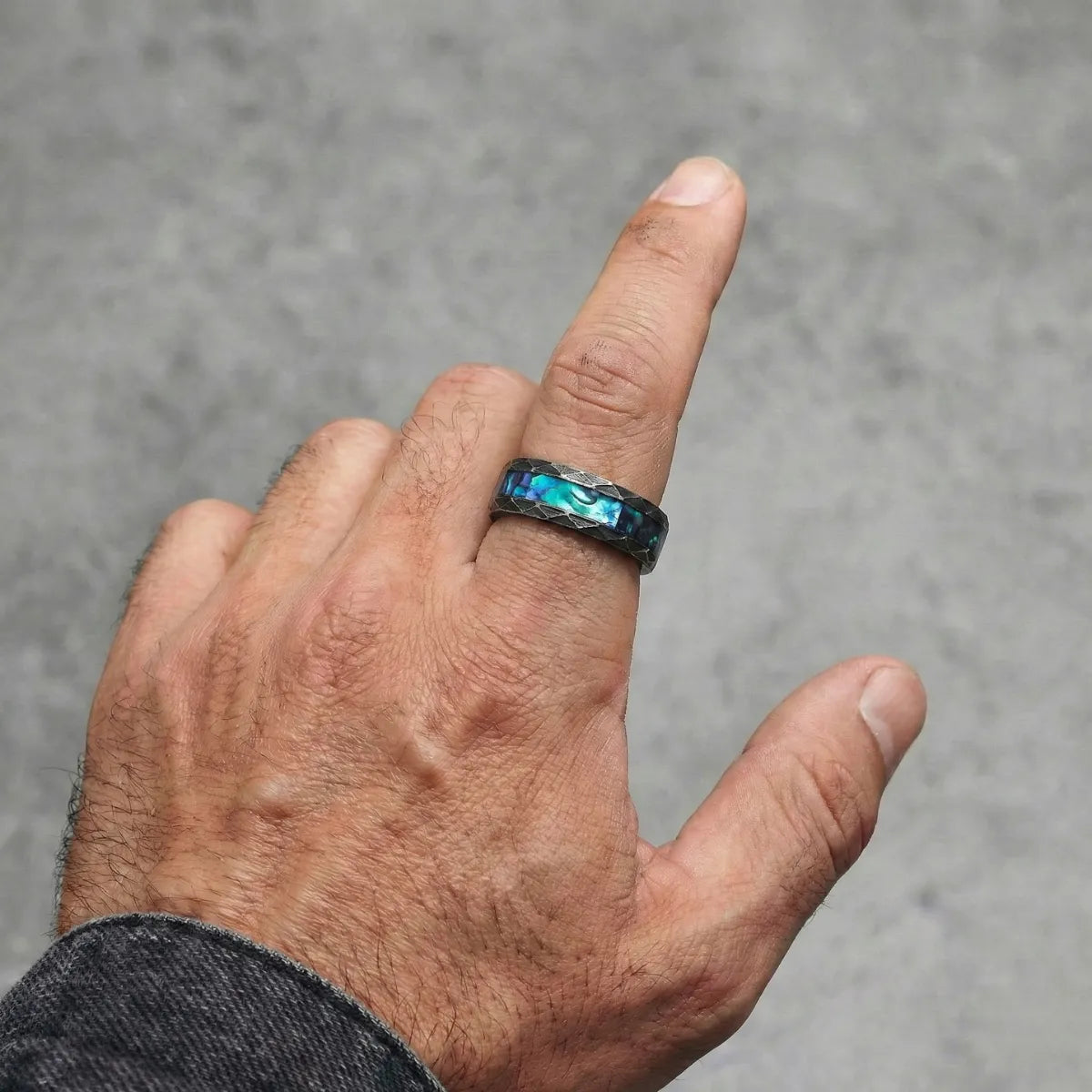Men‘s Black Faceted Abalone Ring Worn by Male Model