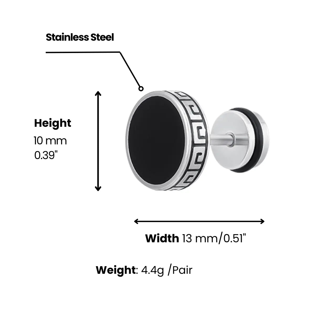 Men's Black Stud Earrings Stainless Steel 10mm Dimensions And Weight