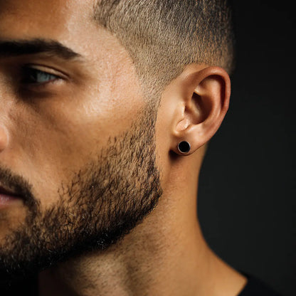 Men's Black Stud Earrings Stainless Steel Worn by Male Model Side