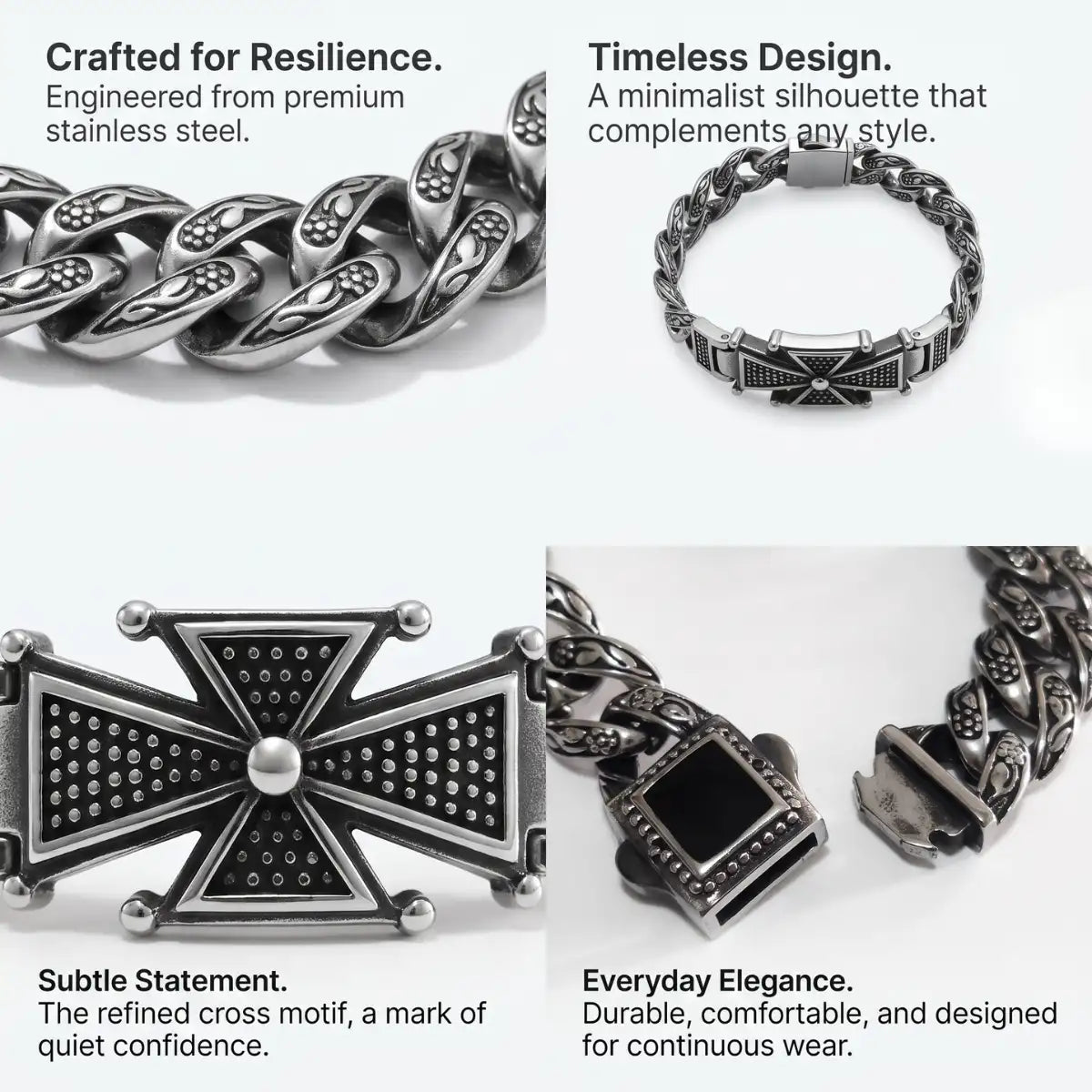 Men‘s Cross Bracelet Silver Details and Features Infographic