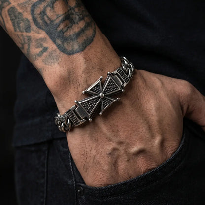 Men’s Cross Bracelet Silver Worn by Male Model with Hand in Pocket