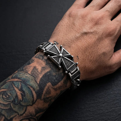 Men‘s Cross Bracelet Silver Worn on Tattooed Male Wrist