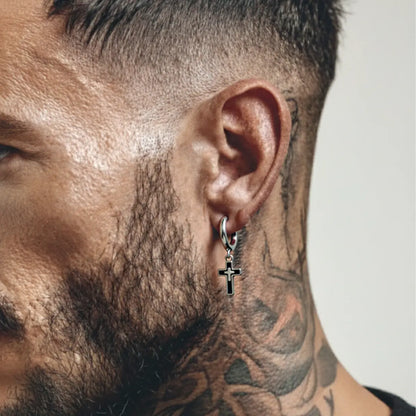 Men's Cross Dangle Earrings Worn by Male Model