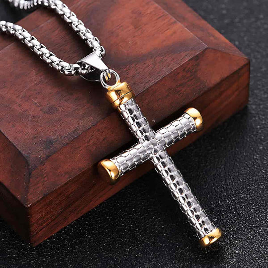 Mens Cross Necklace Stainless Steel Gold Xenos Jewelry