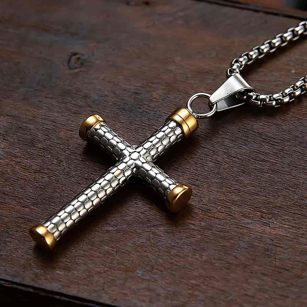 Mens Cross Necklace Stainless Steel Gold Xenos Jewelry