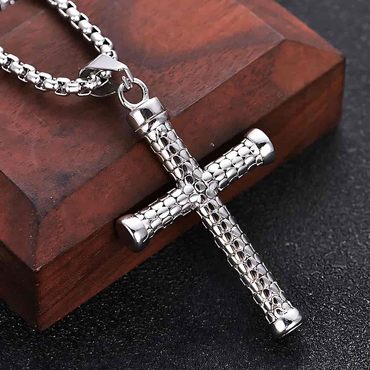 Mens Cross Necklace Stainless Steel Silver Xenos Jewelry