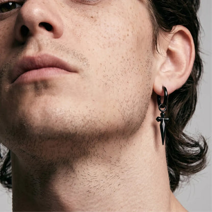 Men‘s Dagger Earrings Black Worn by Male Model Close Up
