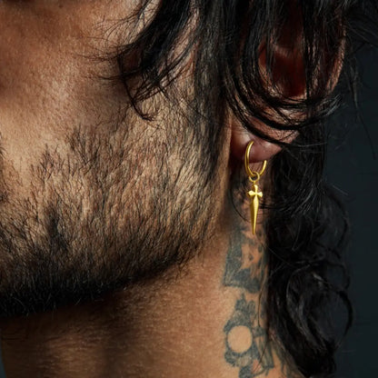 Men's Dagger Earrings Gold Worn by Male Model