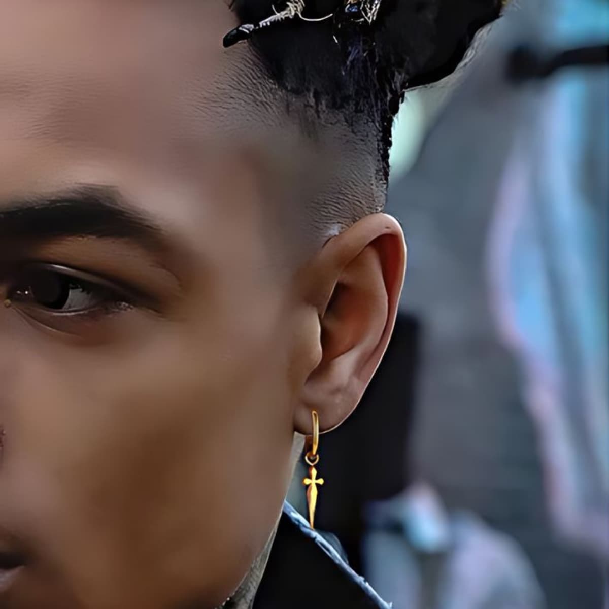 Men’s Dagger Earrings Gold Worn by Model - Xenos Jewelry