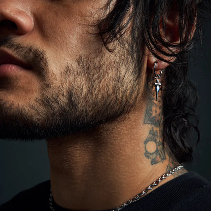 Men's Dagger Earrings Silver Worn by Male Model