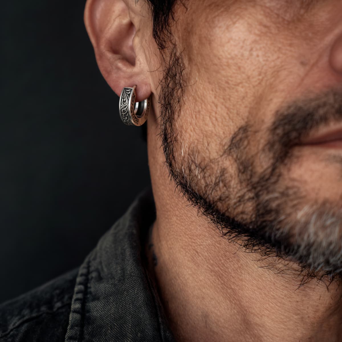Men's Filigree Hoop Earrings Worn by Male Model Front