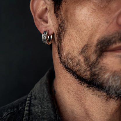 Men's Filigree Hoop Earrings Worn by Male Model Front