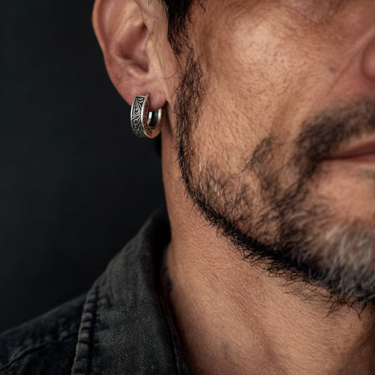 Men's Filigree Hoop Earrings Worn by Male Model Front