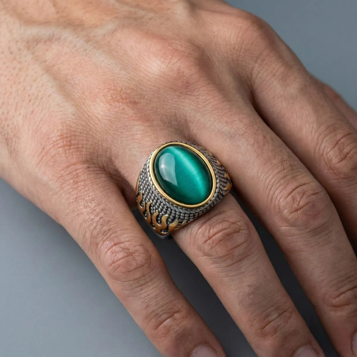 Men's Green Cat's Eye Ring Worn by Male Model Close Up