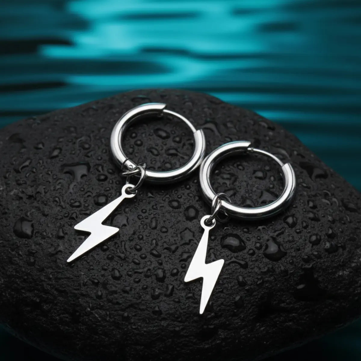 Men's Lightning Bolt Hoop Earrings Close Up