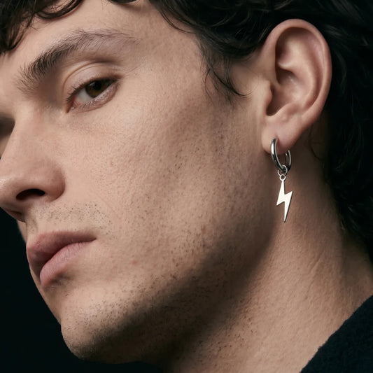 Men’s Lightning Bolt Hoop Earrings Worn by Male Model Front View