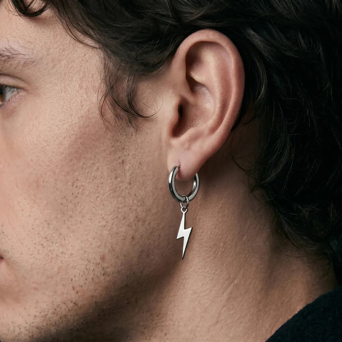 Men‘s Lightning Bolt Hoop Earrings Worn by Male Model Side View