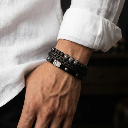 Men's Luxury CZ Pave & Braided Cable Bracelet Set Black Worn by Male Model