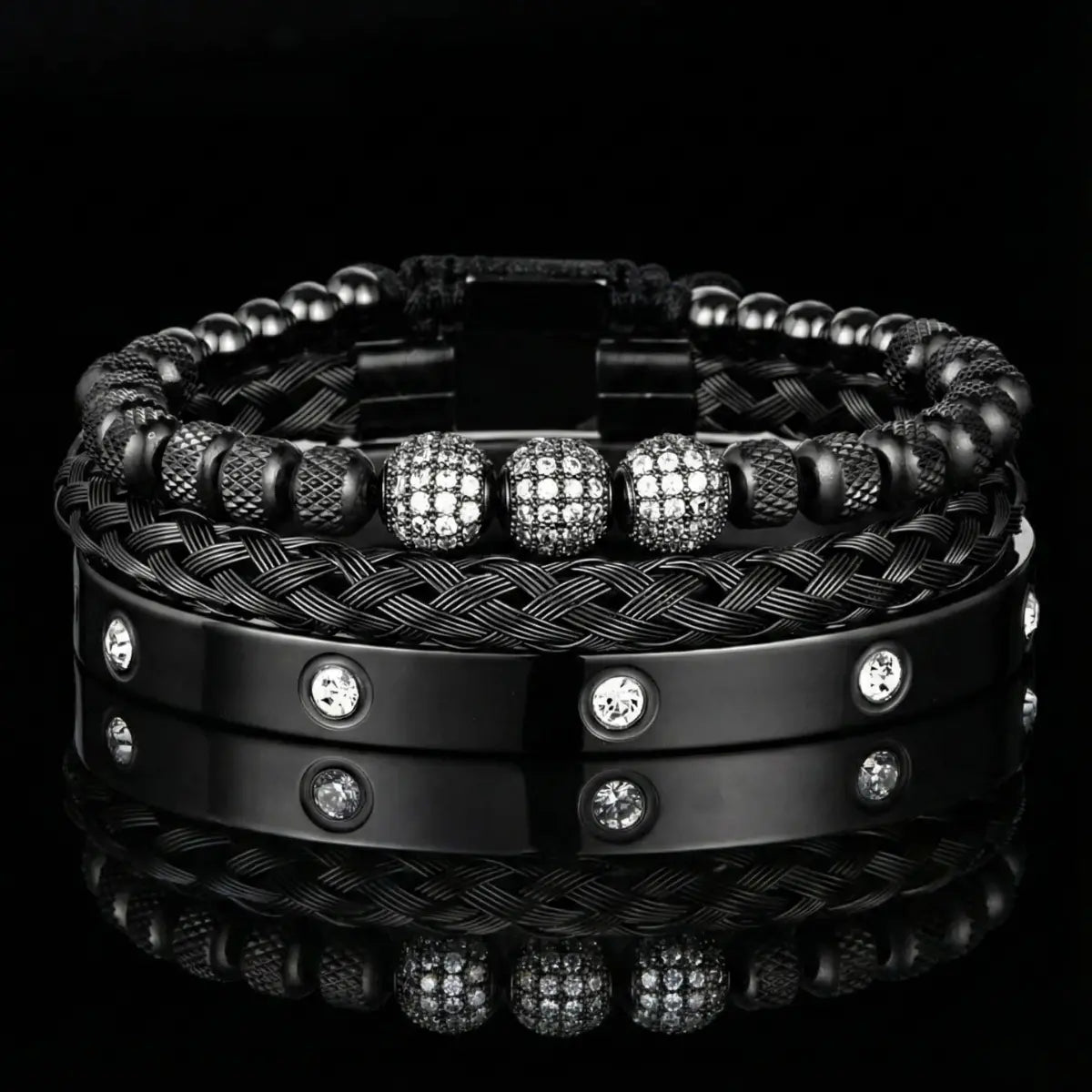 Men's Luxury CZ Pave & Braided Cable Bracelet Set Black
