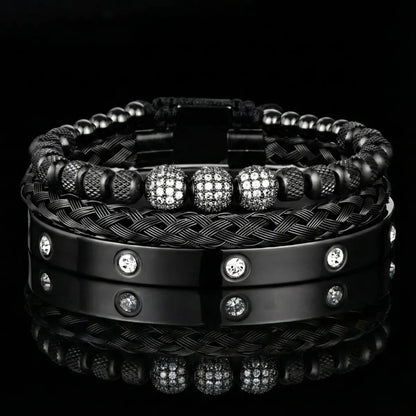 Men's Luxury CZ Pave & Braided Cable Bracelet Set Black