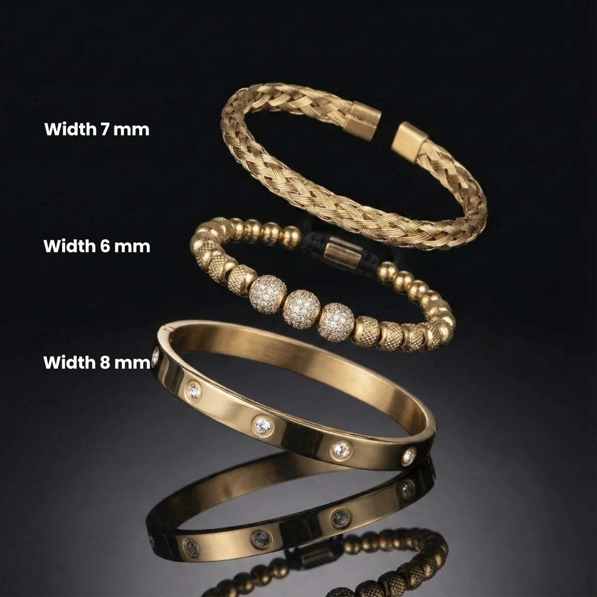 Men's Luxury CZ Pave & Braided Cable Bracelet Set Dimensions